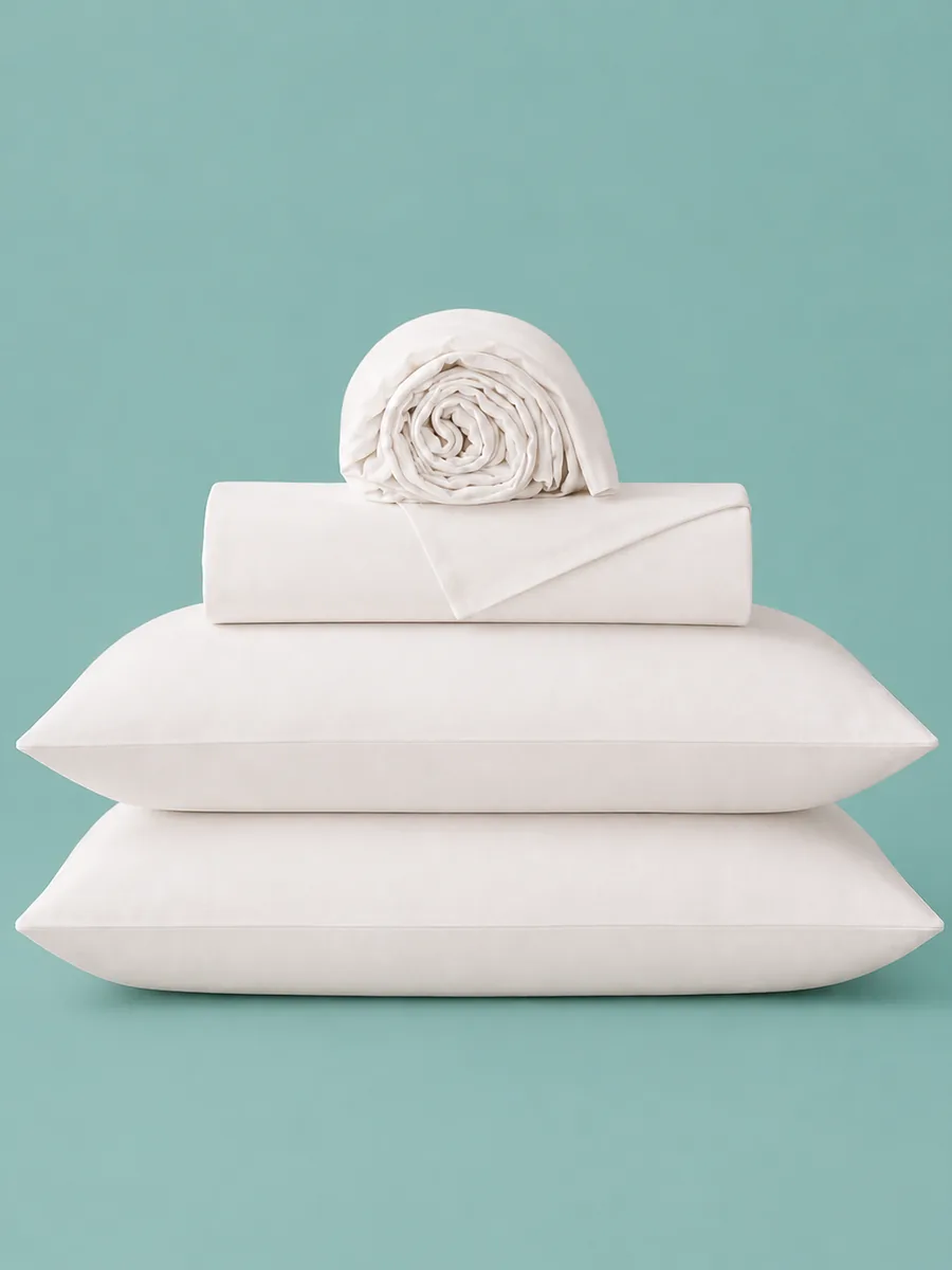 Ropa de cama de algodón blanco doblada sobre fondo turquesa
