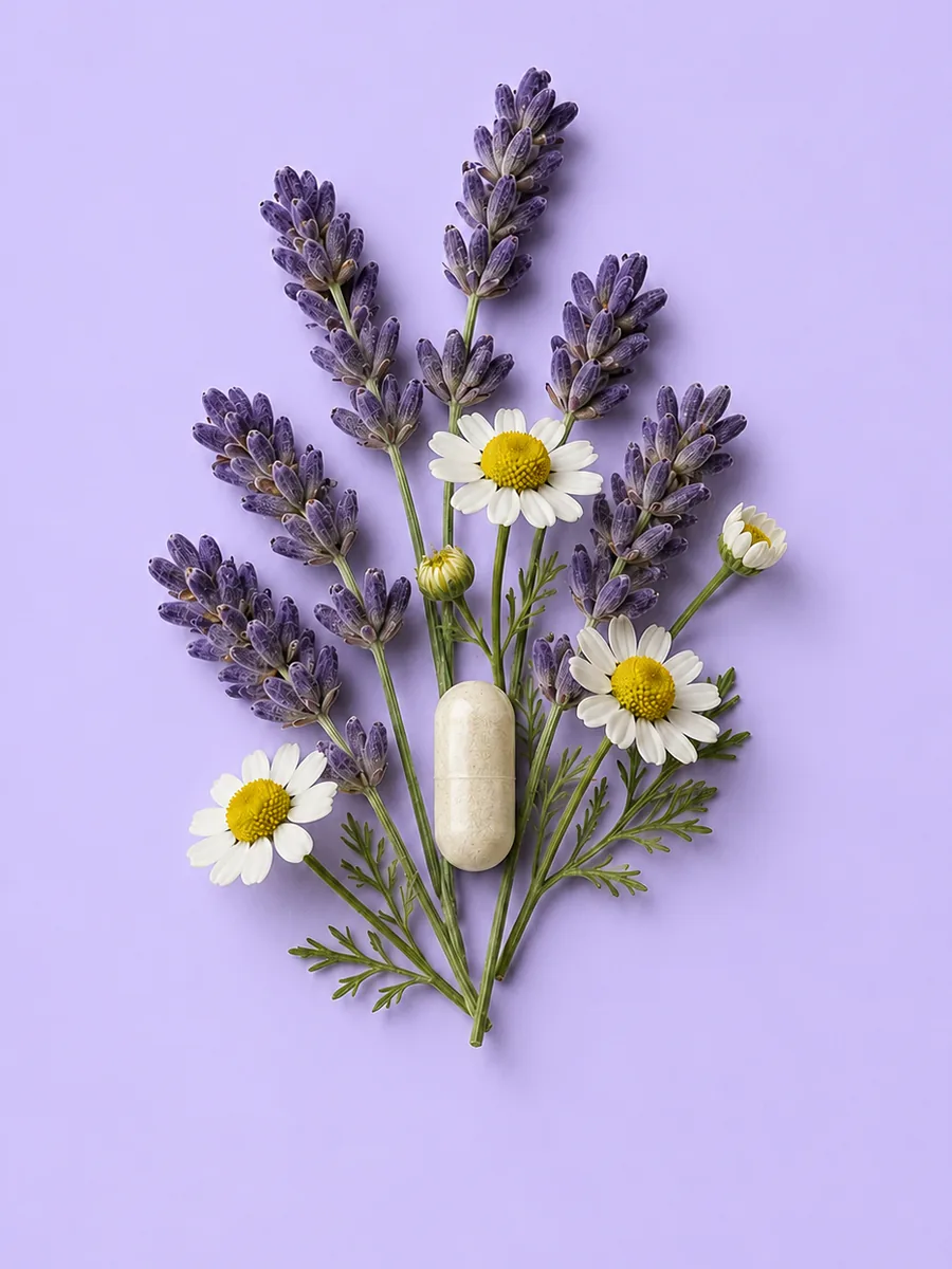 Lavanda y manzanilla junto a una cápsula sobre fondo lila