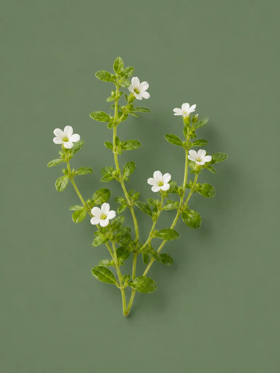 Rama de bacopa monnieri con flores blancas sobre fondo verde